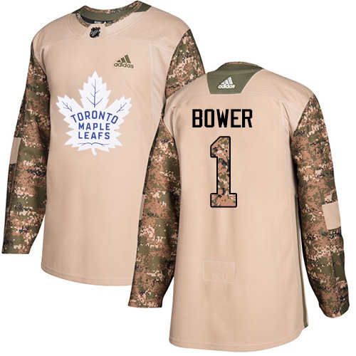Adidas Maple Leafs #1 Johnny Bower Camo Authentic Veterans Day Stitched NHL Jersey - Click Image to Close